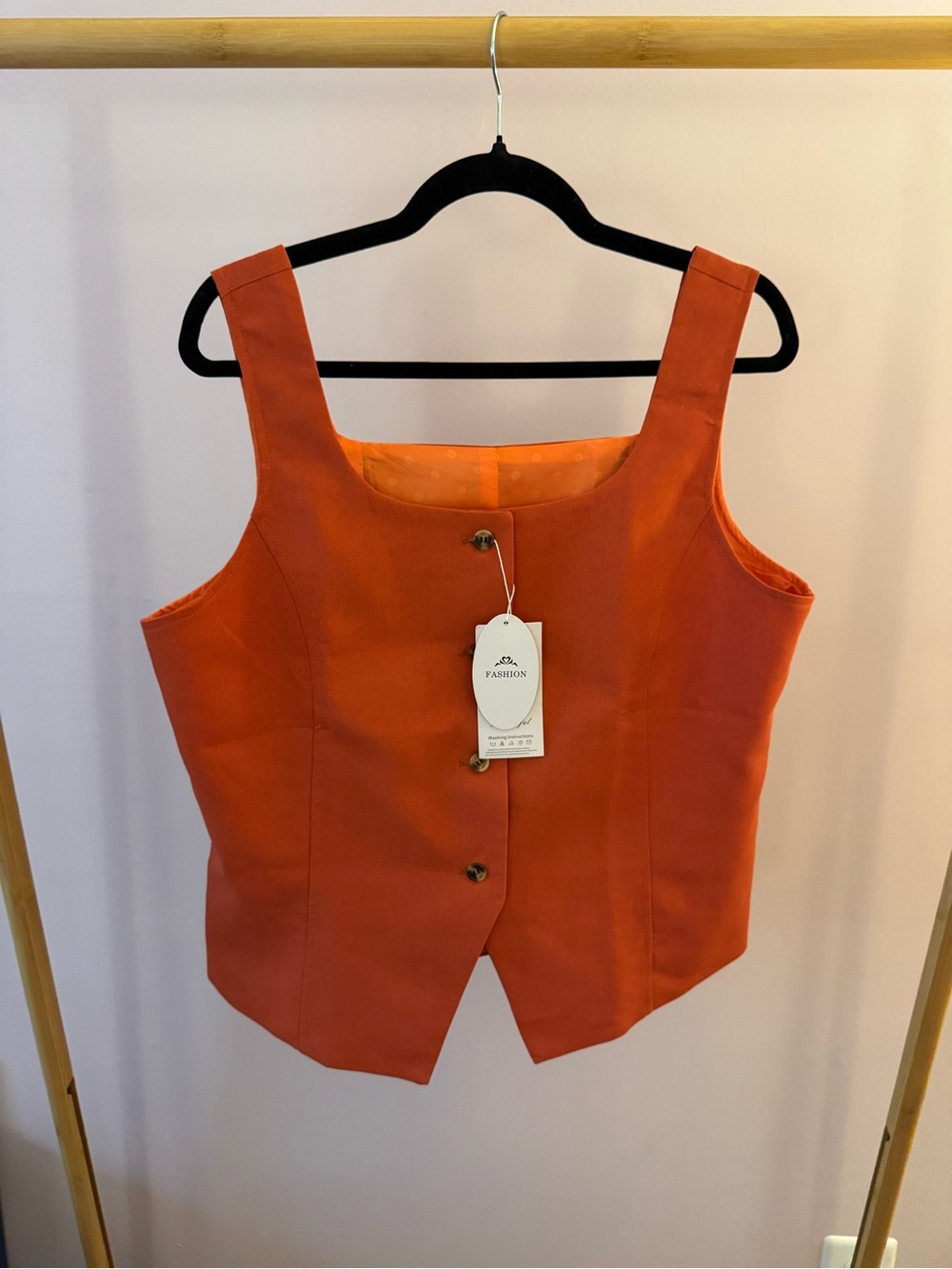 Orange Button-Front Square Neck Vest and Wide Leg Trousers, Matching Linen Set